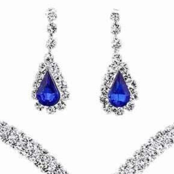 Royal Blue Teardrop Crystal Earrings And V Shape Pendant Bridal-Bridesmaid Set - Picture 4 of 9